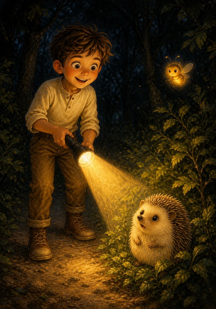Suddenly, a sharp rustling noise burst from the bushes right beside the path. Leo gasped with fright and quickly aimed his flashlight beam into the dark leaves. Out popped a tiny, curious hedgehog blinking in the bright light. Laughing with relief, Leo realized that the dark often just hides harmless things we haven't taken the time to look at closely yet.
