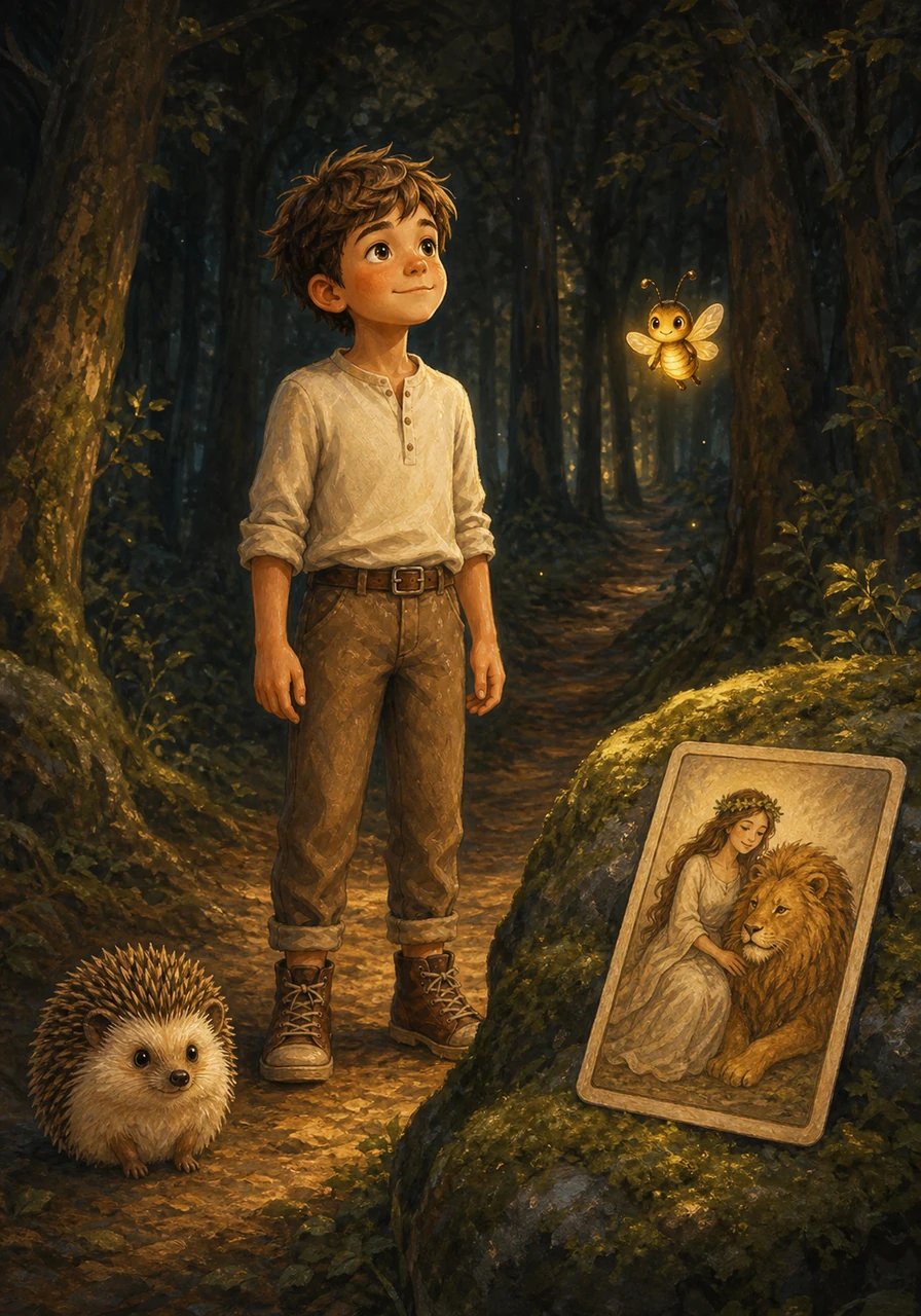 Further down the path, Leo spotted a second card resting on a mossy rock—the Strength card, showing a gentle woman beside a majestic lion. The card spoke to him softly, sharing that strength isn't the absence of fear, but the choice to keep moving forward despite it. Leo took a deep, calming breath, looked into the shadowed forest, and declared that he saw his fear, but was going to keep walking anyway.