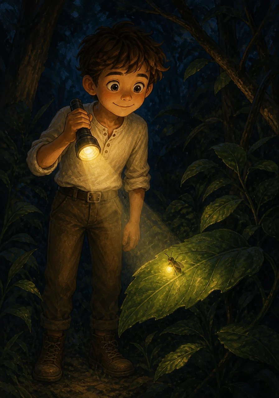A gentle voice suddenly called out from the dark, causing Leo to freeze. Raising his flashlight, he discovered a tiny firefly perched on a leaf. The little firefly admitted that he was afraid of the dark too, but had learned to carry his own small light wherever he went. Leo smiled warmly, realizing he didn't need to wait for morning to find light when he could carry his own.