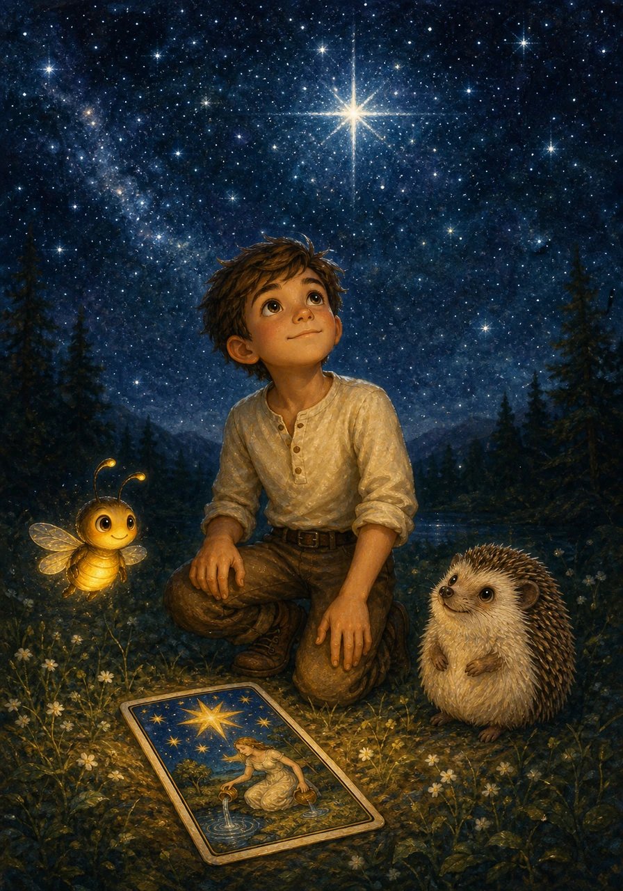 Entering a wide meadow, Leo found the third card—the Star—lying beneath a vast, open night sky. Countless stars sparkled brilliantly above, illuminating the forest until it no longer felt scary at all. Looking up at the cosmic display, Leo realized that darkness wasn't just an absence of light, but a magical background where stars could shine their brightest.