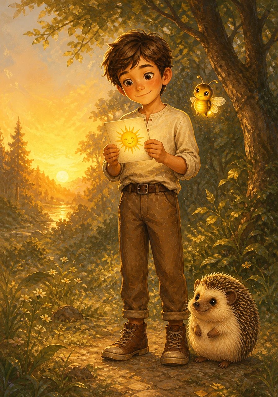 As Leo emerged from the edge of the forest at sunrise, he found the final card waiting for him—the radiant Sun. The card congratulated him on conquering the darkness, but Leo thoughtfully shook his head. He explained that he hadn't conquered the dark, but had simply stopped being afraid of it, which the smiling Sun declared to be the true meaning of bravery.
