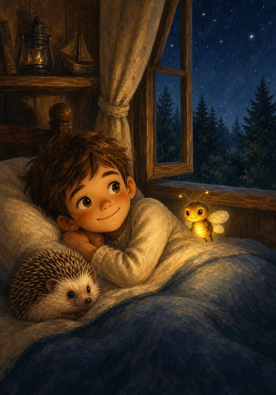The next evening, Leo looked out his bedroom window at the quiet night stretching across the world. Instead of hiding under his blankets, he smiled and whispered a fond goodnight to the forest. Turning off his lamp, he curled up comfortably under the glowing stars, knowing that the dark was just a peaceful part of the night where a tiny firefly was lighting his path.