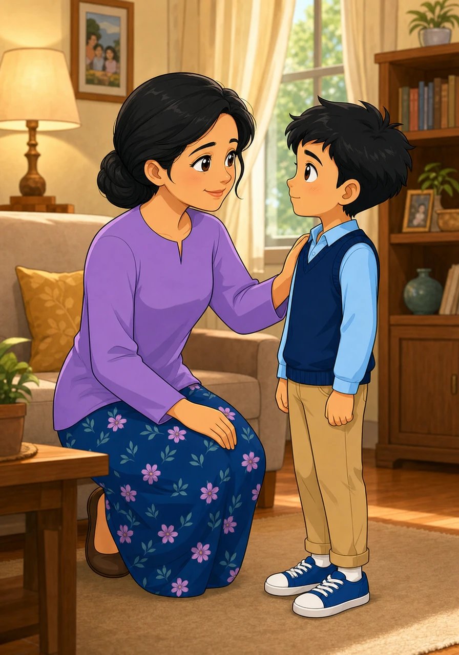 Ibu menjelaskan bahwa rasa takut adalah hal yang wajar dirasakan oleh siapa saja. Dulu Ibu tetap mencoba melangkahkan kaki dan menarik napas dalam-dalam, hingga akhirnya Ibu berhasil melaluinya dengan baik. Jika Ibu bisa melakukannya, Rafi pasti juga bisa.
