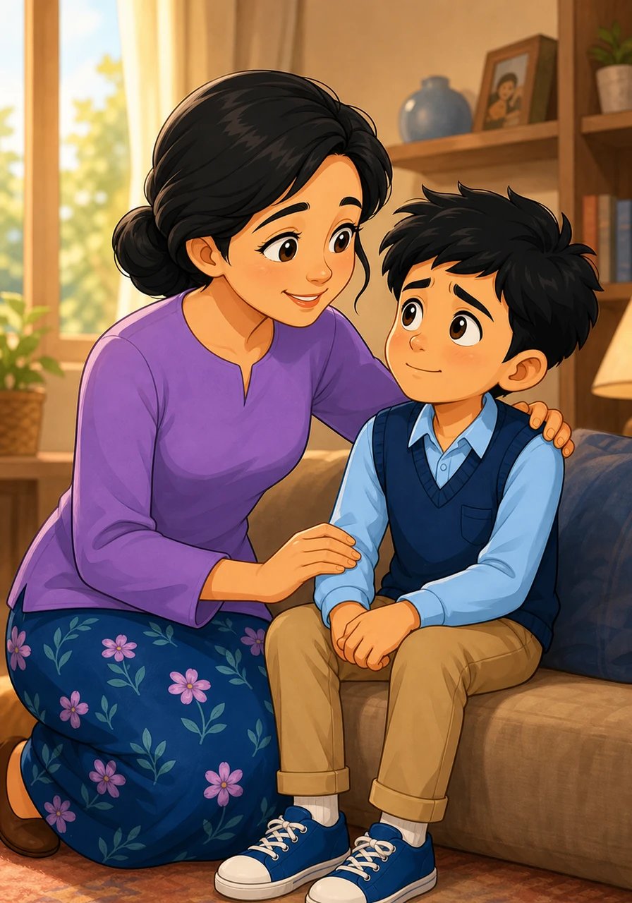 Ibu mengingatkan Rafi bahwa senyum percaya diri di wajahnya adalah kekuatan ajaib yang mampu mengusir rasa ragu. Senyum itu akan memberi semangat besar untuk meraih cita-cita dan kesuksesan di masa depan. Rafi mendengarkan dengan seksama dan menganggukkan kepalanya perlahan.
