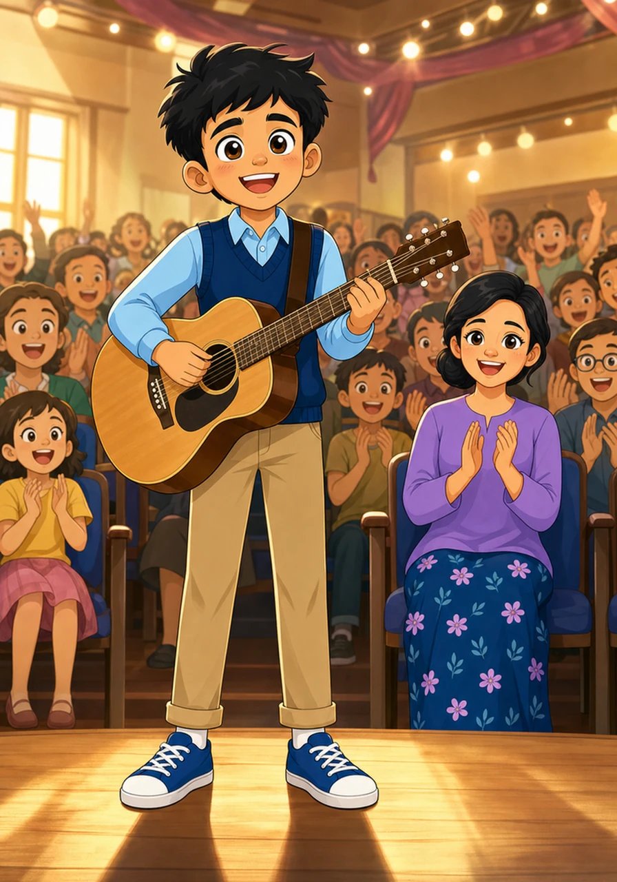 Rafi menyampaikan penampilannya dengan lancar, penuh semangat, dan suara yang mantap. Suara tepuk tangan yang riuh langsung bergema di seluruh ruangan saat ia selesai. Penampilan Rafi hari itu sungguh luar biasa dan memukau semua orang.