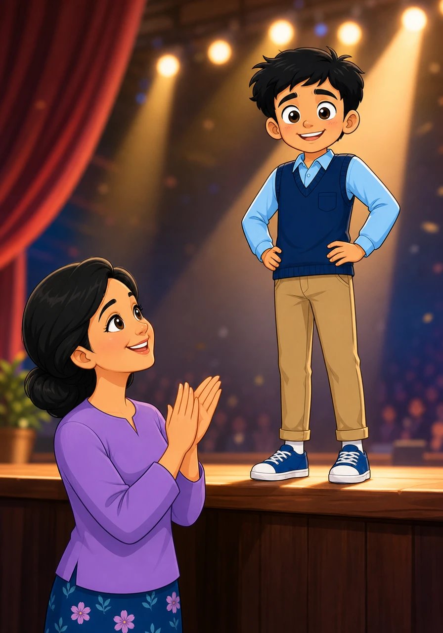 Di bawah panggung, Ibu bertepuk tangan penuh rasa bangga dengan mata berbinar bahagia. Rafi menyadari bahwa ia adalah anak yang hebat, berani, dan keren. Dengan terus menjaga senyum percaya diri dan semangat tinggi, ia siap menyongsong masa depan yang cerah.