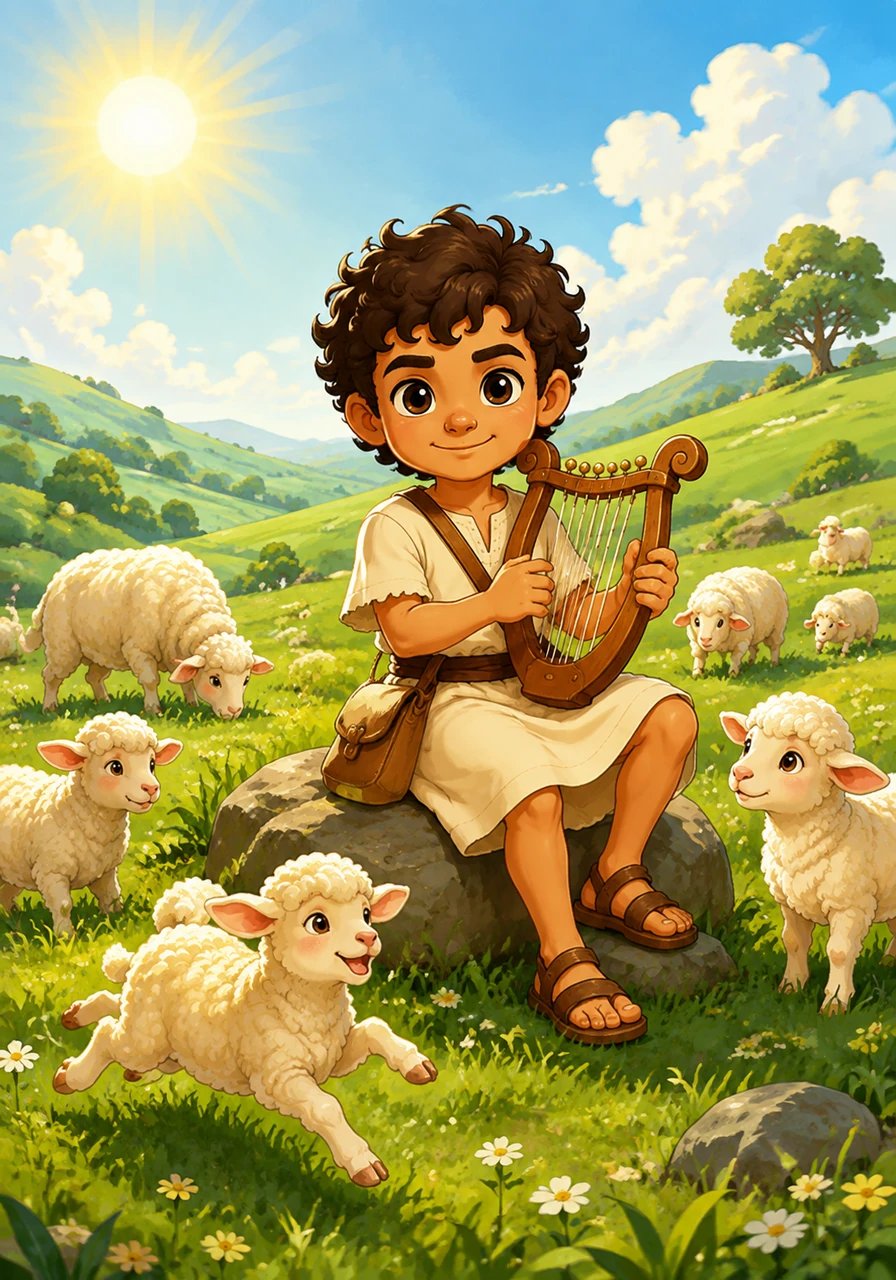 O pequeno Davi é um menino pastor que cuida de suas ovelhas felizes nas colinas verdejantes. Ele toca sua harpa suavemente enquanto o sol brilha e os cordeiros brincam por perto. Davi é pequeno, mas seu coração é grande e cheio de alegria.