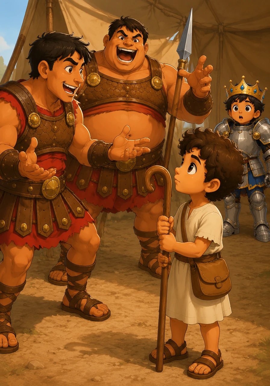 Os irmãos mais velhos de Davi voltam do acampamento do exército e contam histórias assustadoras. Eles falam sobre um gigante muito grande e bravo que está assustando a todos. Davi ouve atentamente, segurando seu cajado com firmeza, imaginando como o gigante deve ser.