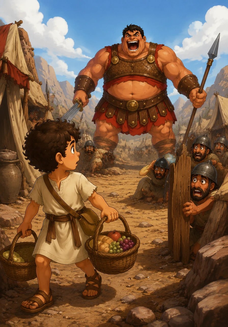 Davi viaja para o acampamento para levar comida para seus irmãos e vê o gigante Golias. Golias é uma criança muito grande e musculosa, com uma voz grossa e assustadora, gritando com os soldados menores. Todos os soldados parecem muito assustados e se escondem de Golias.
