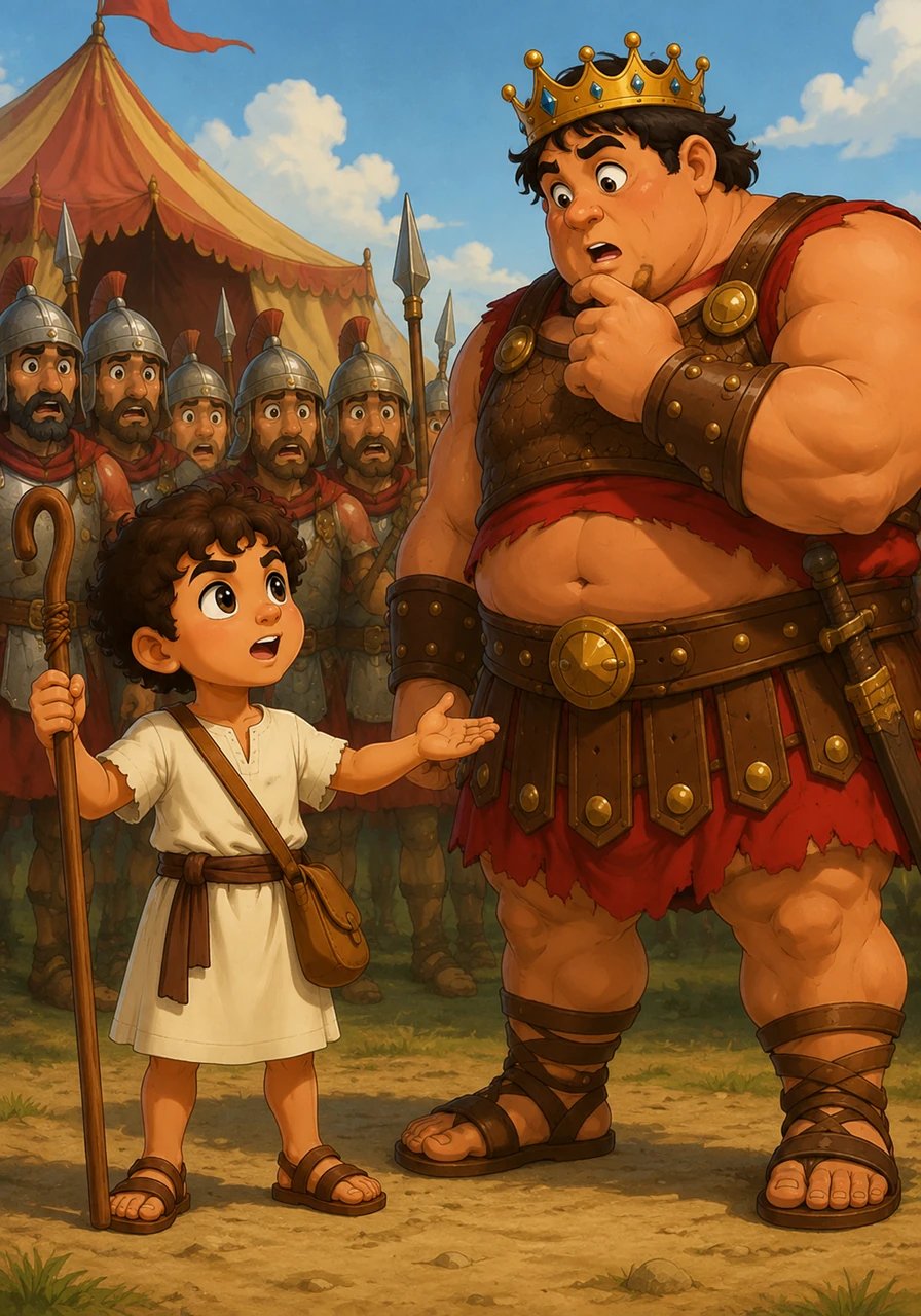 Davi vê que todos os soldados do rei estão com medo e ele sabe que alguém precisa fazer algo. Ele vai até o Rei Saul e diz: "Eu posso enfrentar o gigante. Deus vai me ajudar!". O rei olha para o pequeno Davi, surpreso com sua coragem.
