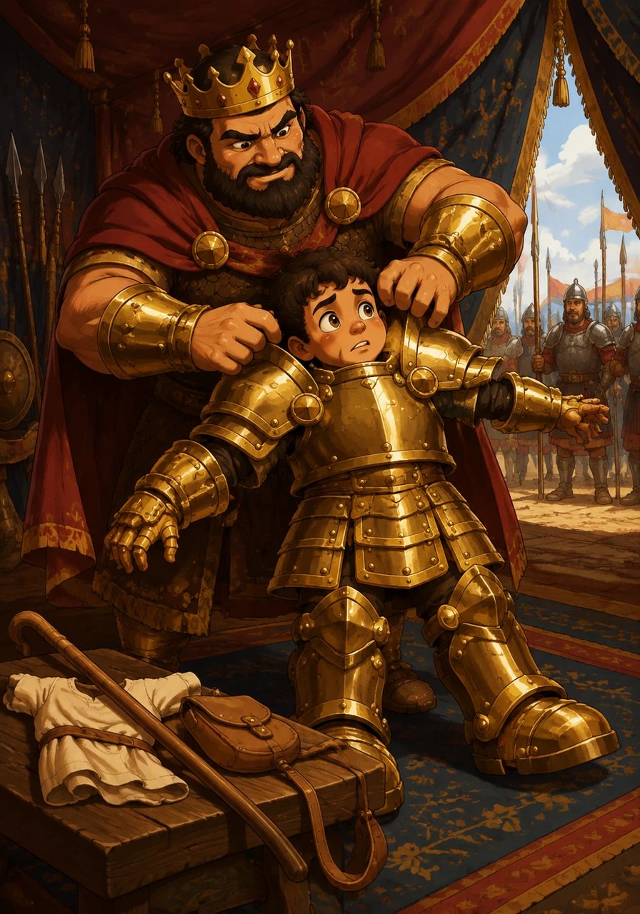 O Rei Saul tenta colocar sua armadura pesada e brilhante no pequeno Davi, mas ela é muito grande e desajeitada. Davi mal consegue se mover e decide que prefere usar suas próprias roupas simples e seu cajado. Ele se sente mais leve e livre para se mover.