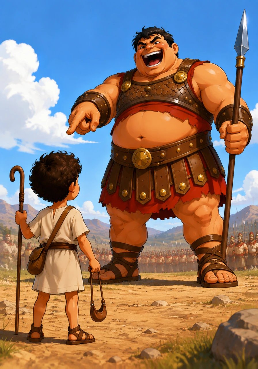 Davi sai para enfrentar o gigante Golias em um campo aberto. Golias ri alto quando vê Davi, chamando-o de "menininho" e zombando de seu cajado. Davi se mantem calmo, segurando sua atiradeira com confiança.