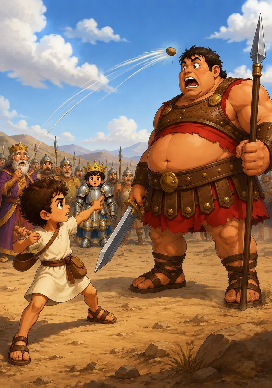 Com determinação nos olhos, Davi gira a atiradeira com toda a sua força e lança a pedra. A pedra voa pelo ar em direção ao gigante. Golias para de rir e sua expressão muda para surpresa total enquanto a pedra se aproxima.