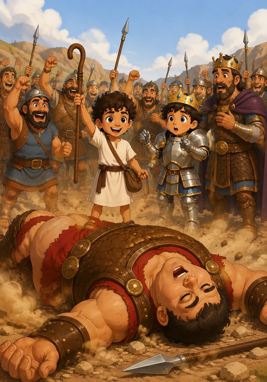 A pedra atinge o gigante e Golias cai no chão com um barulho alto. Todos os soldados gritam de alegria e correm para celebrar com Davi. Davi está feliz e cercado por seus amigos, mostrando que a fé e a coragem podem vencer qualquer medo, não importa quão grande ele pareça.