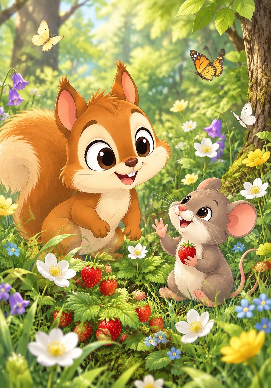 Weiter geht es in die Krautschicht, wo bunte Wildblumen, hohes Gras und weiße Anemonen blühen. Zarte Schmetterlinge tanzen im milden Wind von Blüte zu Blüte. Eine kleine Waldmaus knabbert munter an reifen Walderdbeeren und winkt Fips freundlich zu.