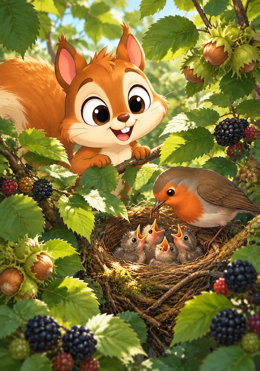 Fips klettert nun in die Strauchschicht mit ihren dichten Haselnuss- und Brombeersträuchern. Zwischen den grünen Blättern entdeckt er ein gut verstecktes Vogelnest. Ein Rotkehlchen zwitschert fröhlich eine Melodie, während es seine Küken liebevoll füttert.