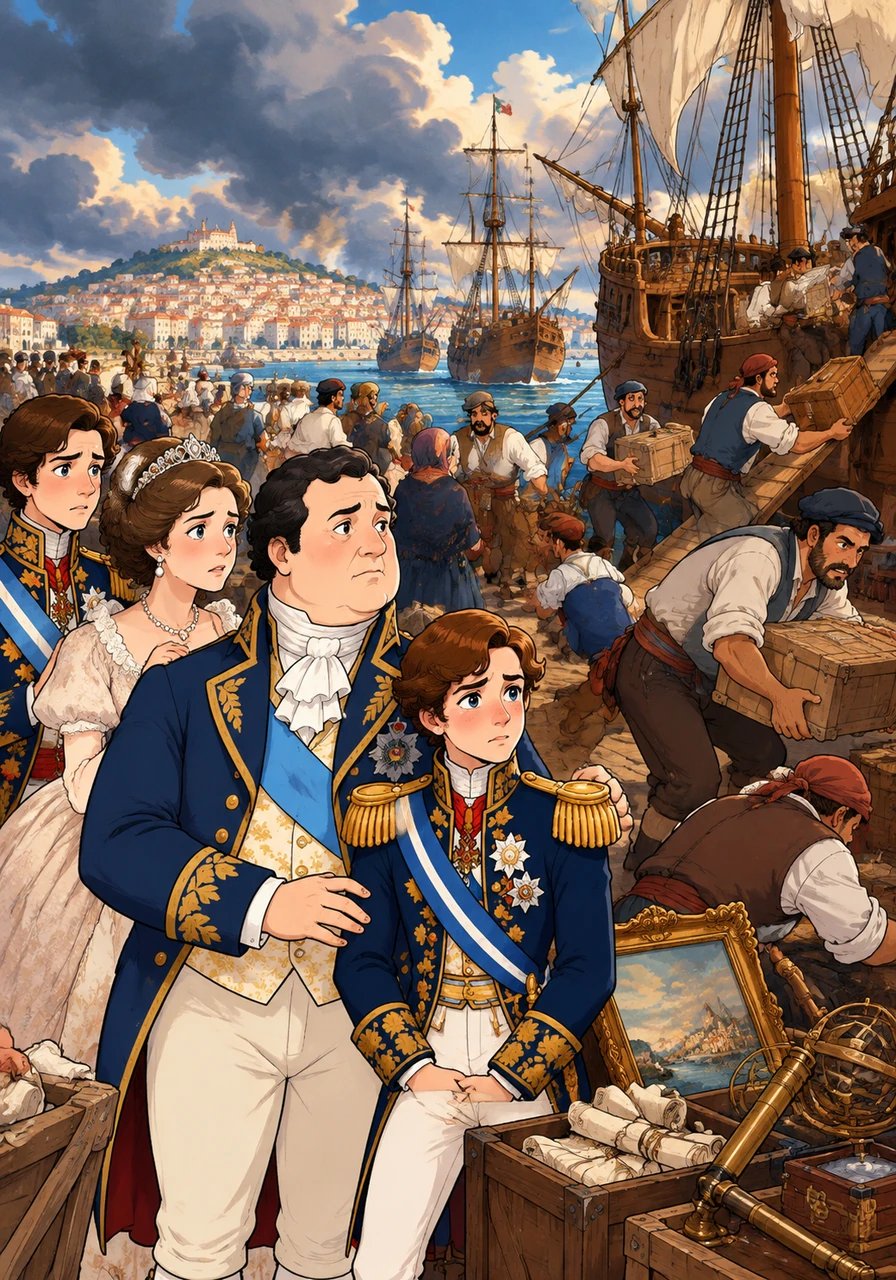 O porto de Lisboa transformou-se em um turbilhão de atividade apressada e caos. Caixas de madeira, documentos valiosos, obras de arte e instrumentos científicos eram carregados às pressas para os navios sob o olhar apreensivo da multidão.