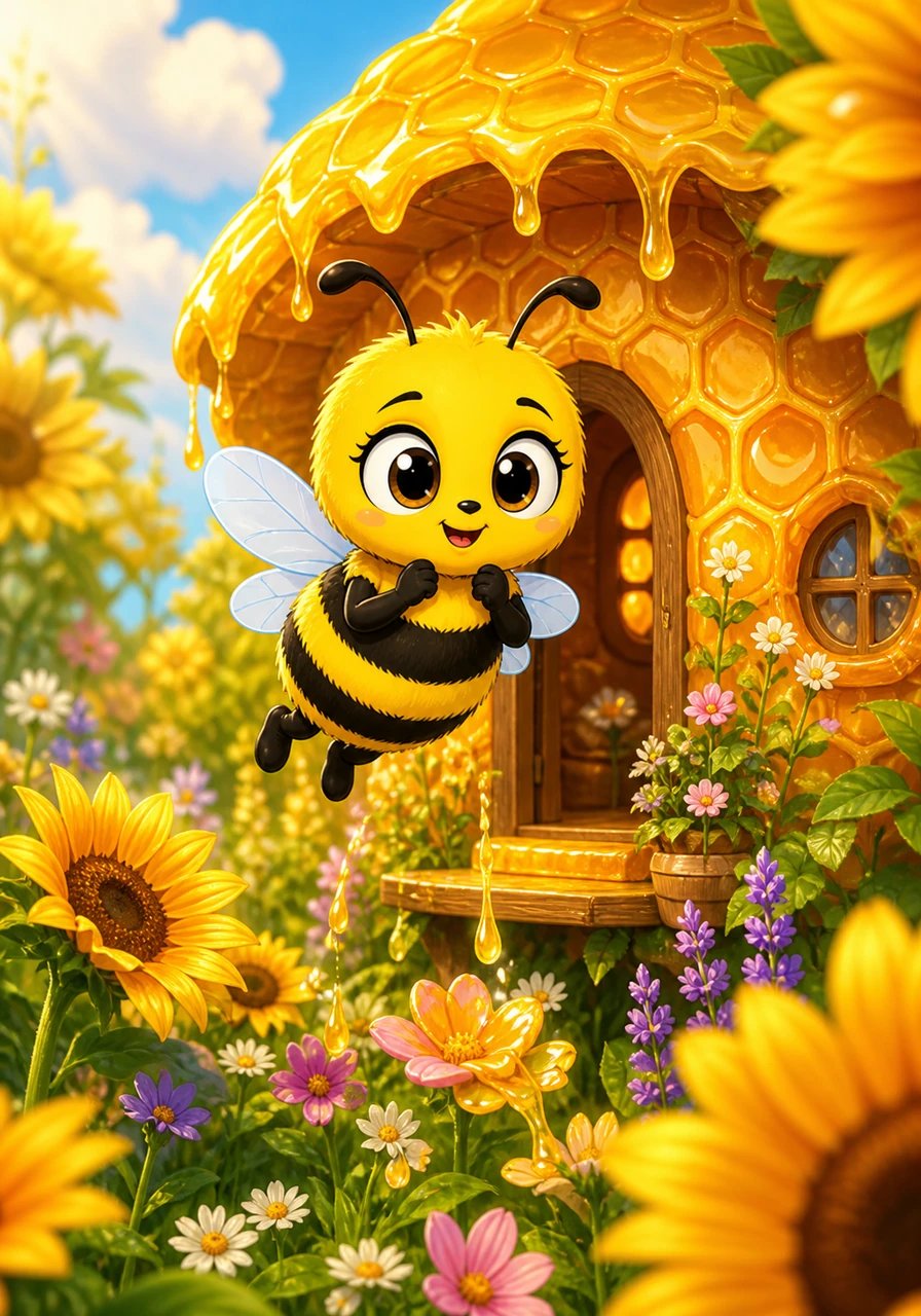 Far away in a vibrant ocean of golden sunflowers and fragrant wildflowers stood a cozy honey house made of glistening honeycombs. From its roof, shiny drops of sweet nectar dripped like liquid gold into the meadow below. Here lived a hardworking little bee named Rosinka, who loved the cheerful humming of her hive.