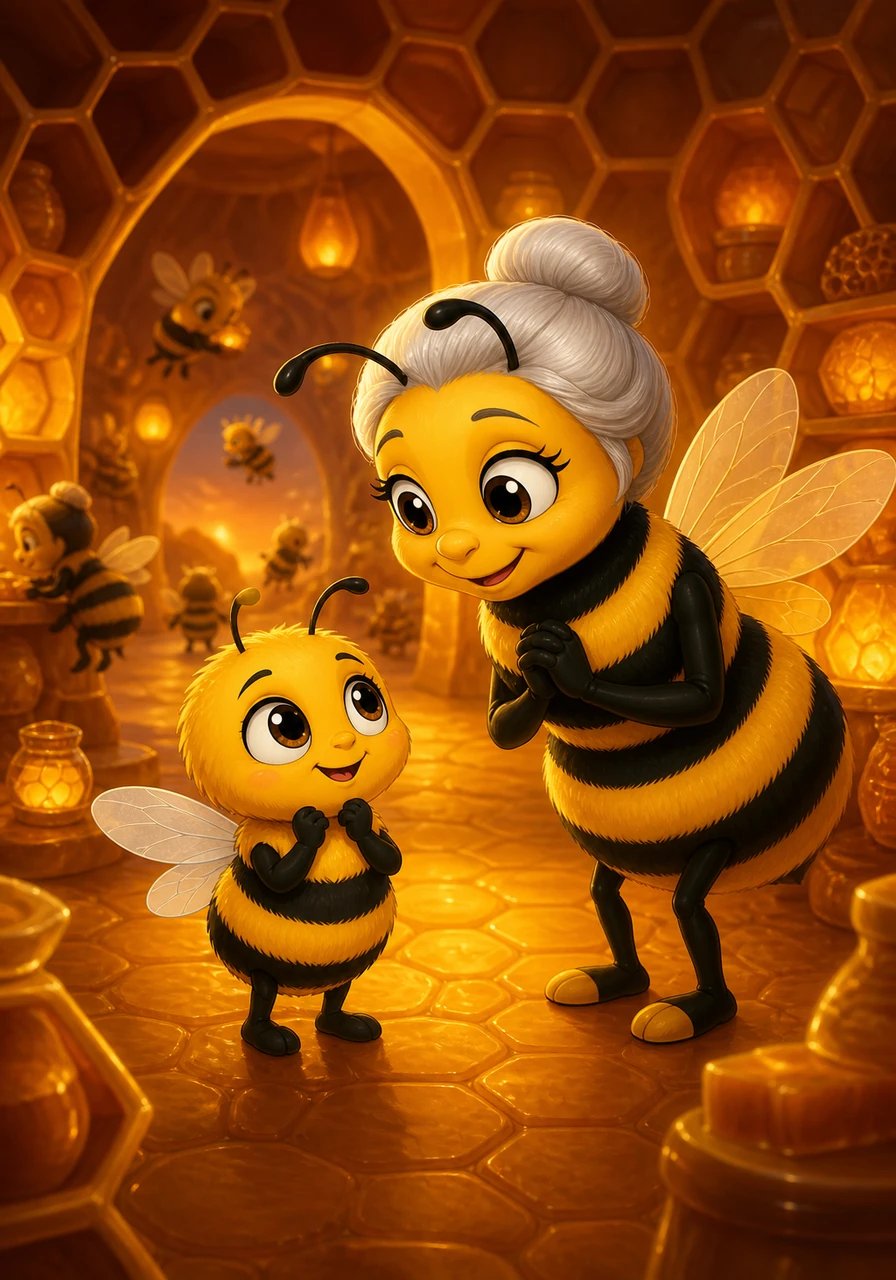 One evening, a lively buzz of excitement echoed through every golden hallway of the honeycomb home. Curious about all the bustling energy, Rosinka asked her mother what special event was happening. With a warm smile, her mother announced that tomorrow would be Rosinka's very first day at the Hive of Knowledge.