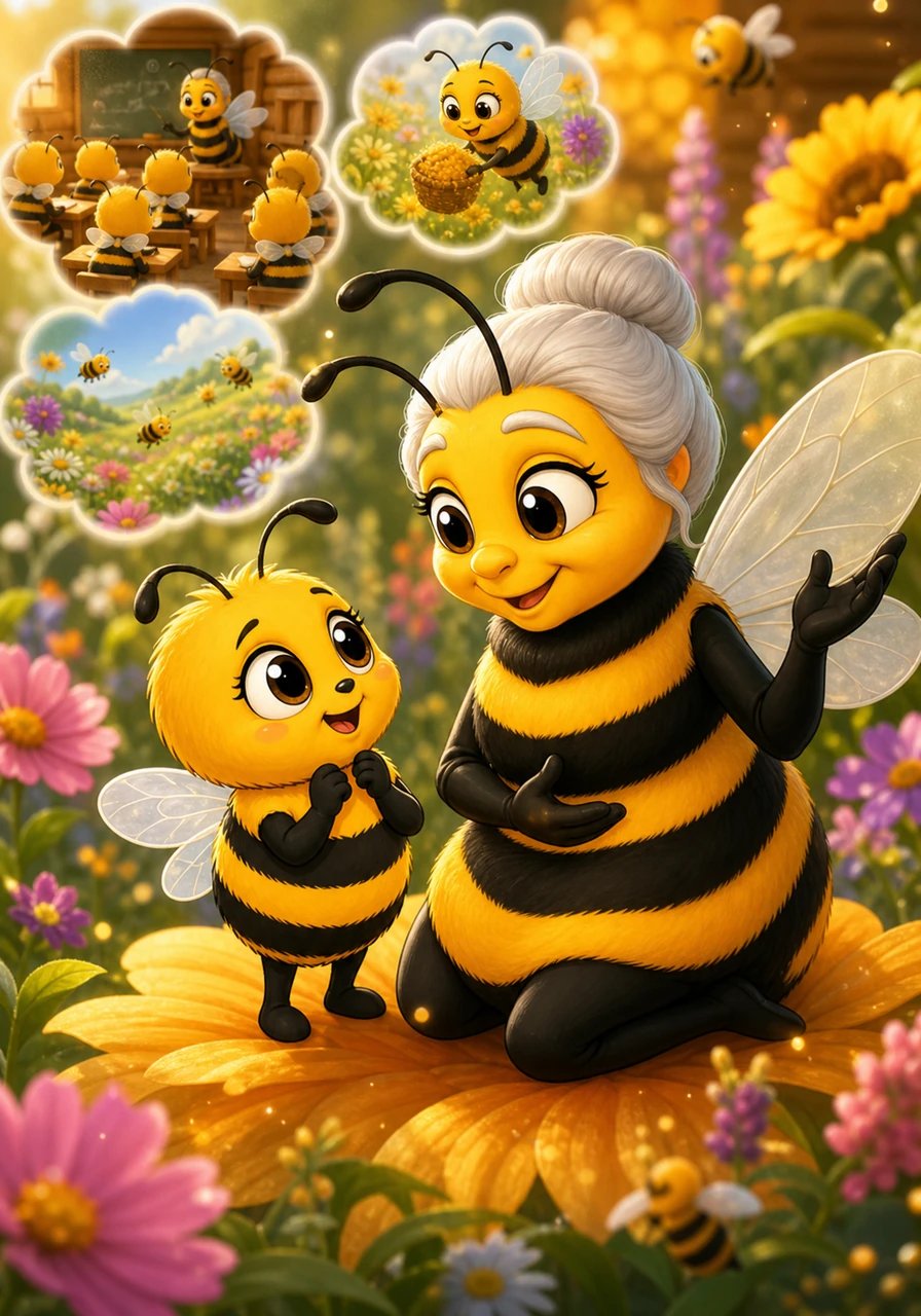 Rosinka's eyes sparkled with wonder as her mother explained all the magical things she would discover at bee school. She would learn to recognize the brightest flowers, gather golden pollen, find paths to distant meadows, and build lasting friendships. Every lesson would help her unlock her special talents and grow more confident.