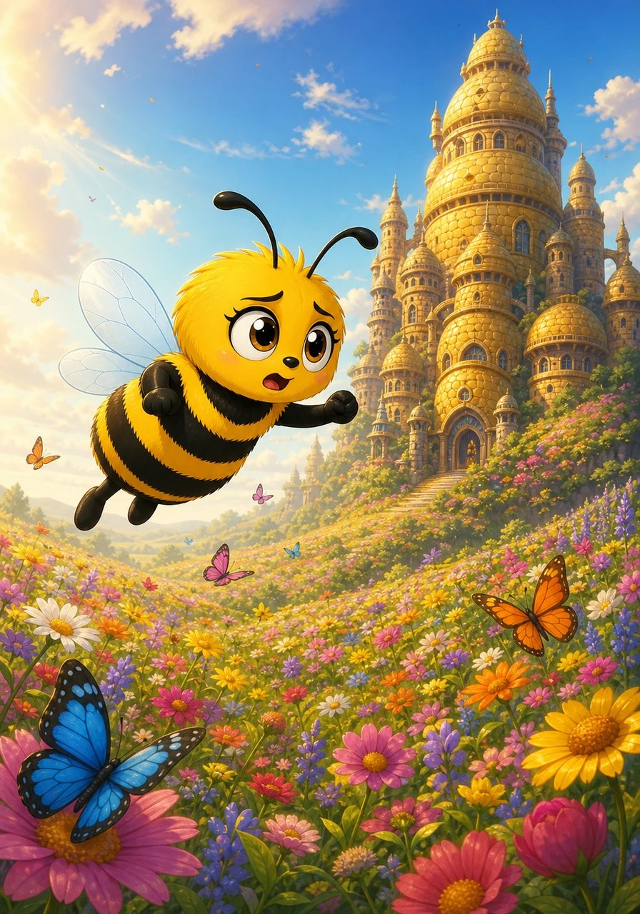 The following morning, Rosinka fluttered toward the Hive of Knowledge under a warm, sunlit sky where butterflies danced above blooming petals. Despite the breathtaking meadow around her, anxious thoughts fluttered inside her tiny chest. She took a deep breath and kept flying bravely toward her destination.