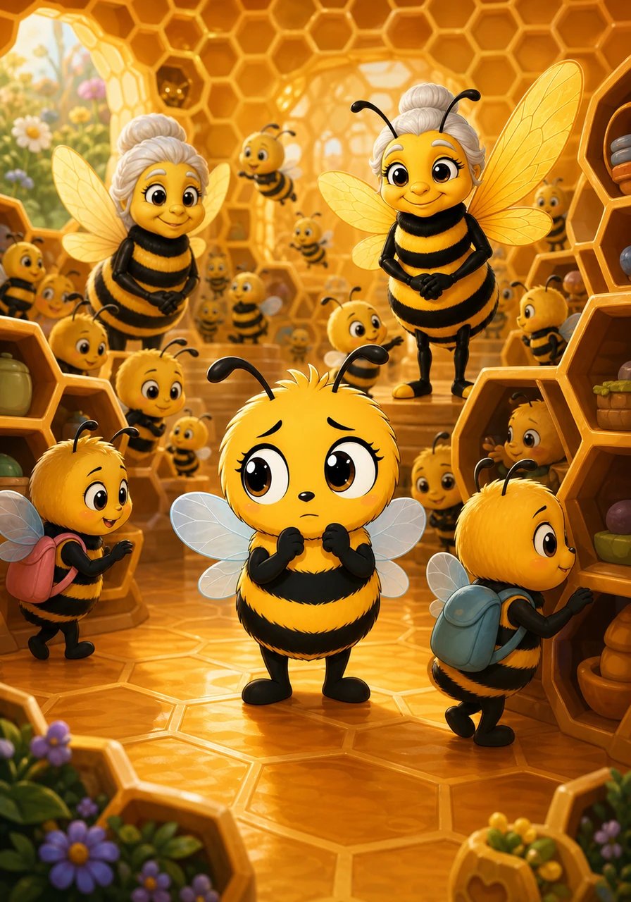 When Rosinka arrived at the school, the air was filled with the cheerful humming of many other young bees. Some zipped about with proud, confident wings, while others glanced around shyly or inspected the honeycomb classrooms with wide curiosity. Rosinka realized she was not the only one feeling a bit nervous.