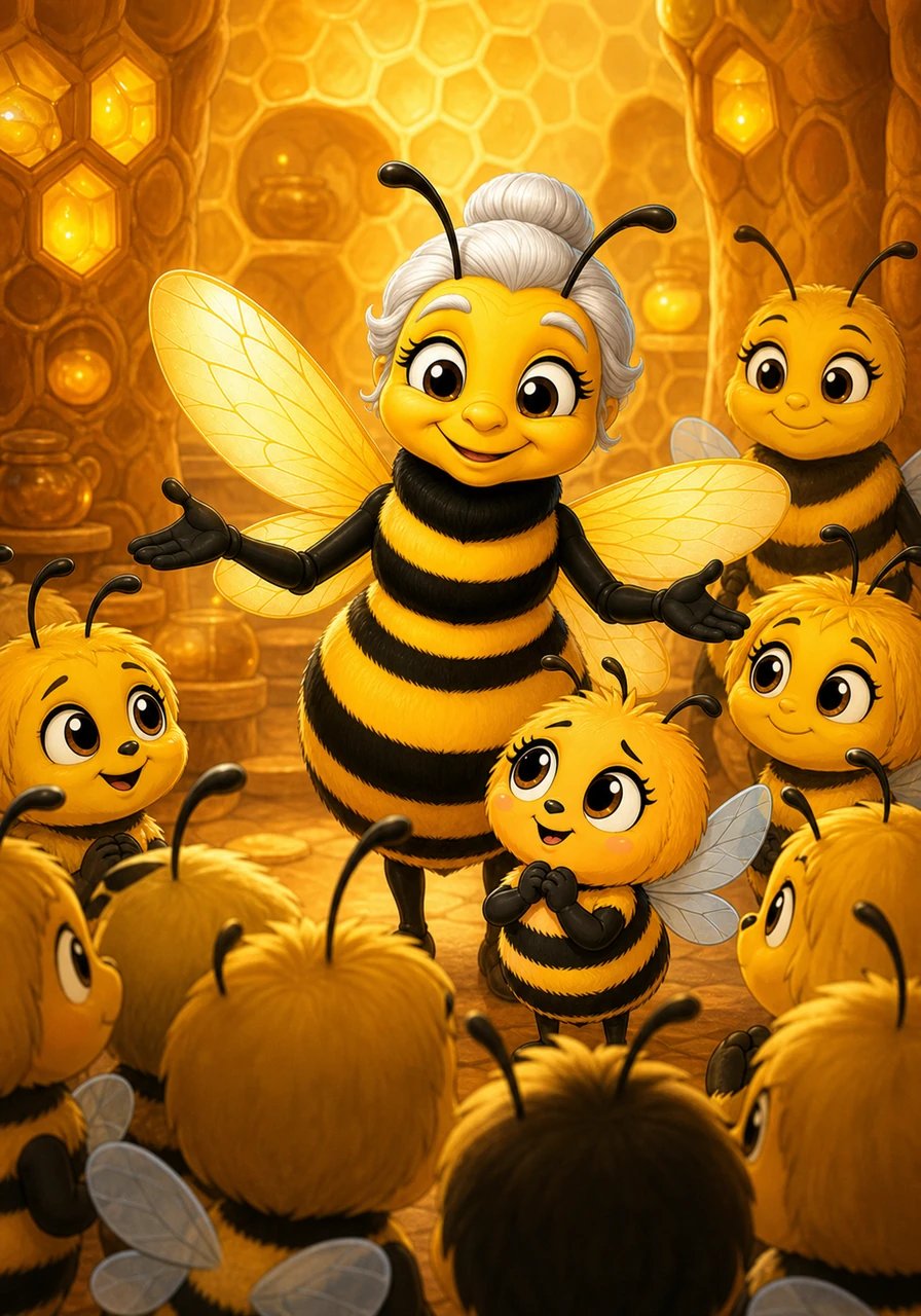 Lady Goldwing, the wisest bee in the entire hive, greeted the young students with open wings and a gentle smile. She invited everyone to ask endless questions, explaining that each daily drop of knowledge would help them brew the sweetest honey imaginable. Her kind words immediately put Rosinka at ease.