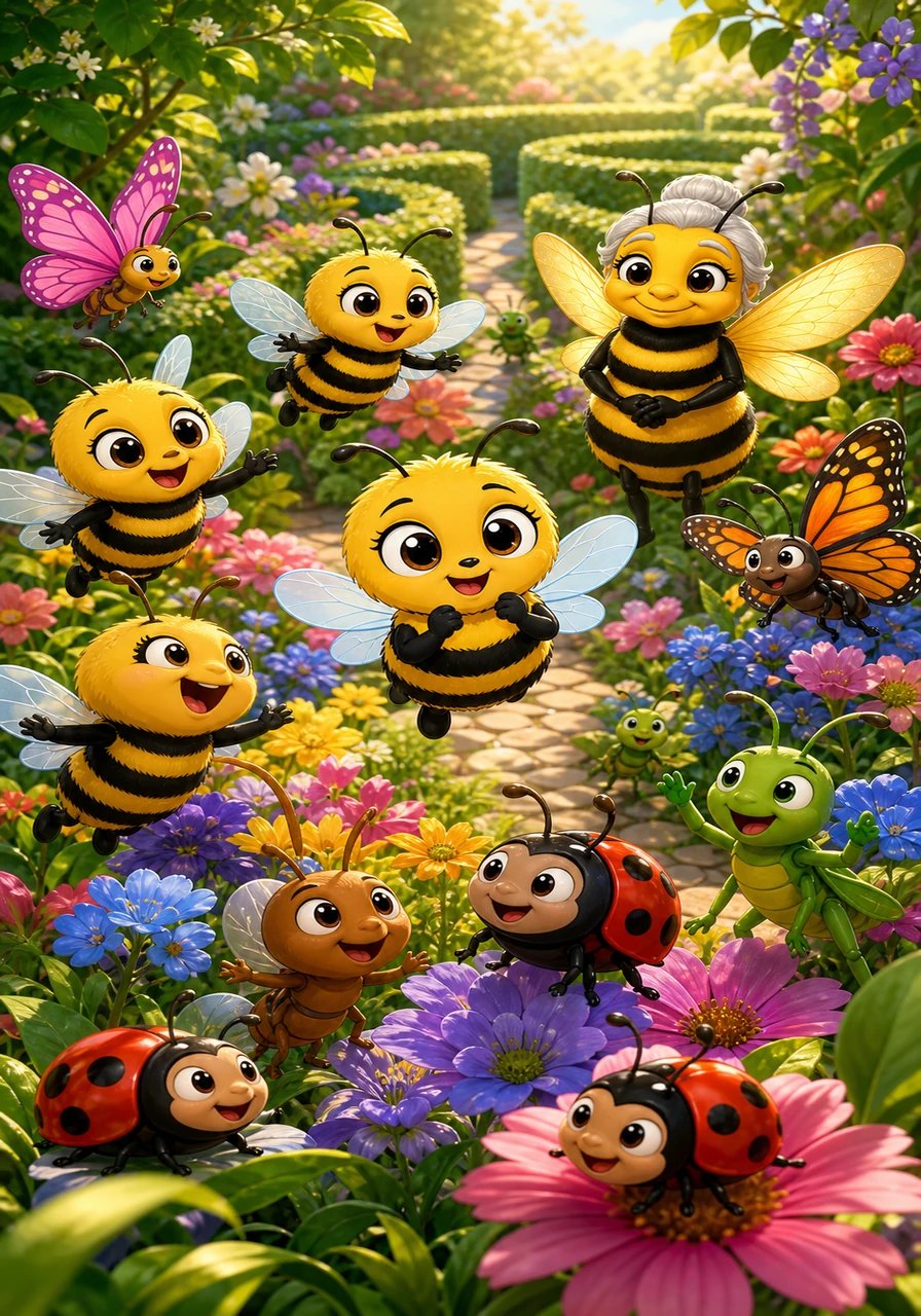 A grand adventure began as Rosinka and her new classmates learned, sang, and played together every single day. They practiced hovering over sweet blossoms and guiding each other through fragrant garden mazes. Soon, Rosinka's anxiety vanished, replaced by laughter and the joy of shared discovery.