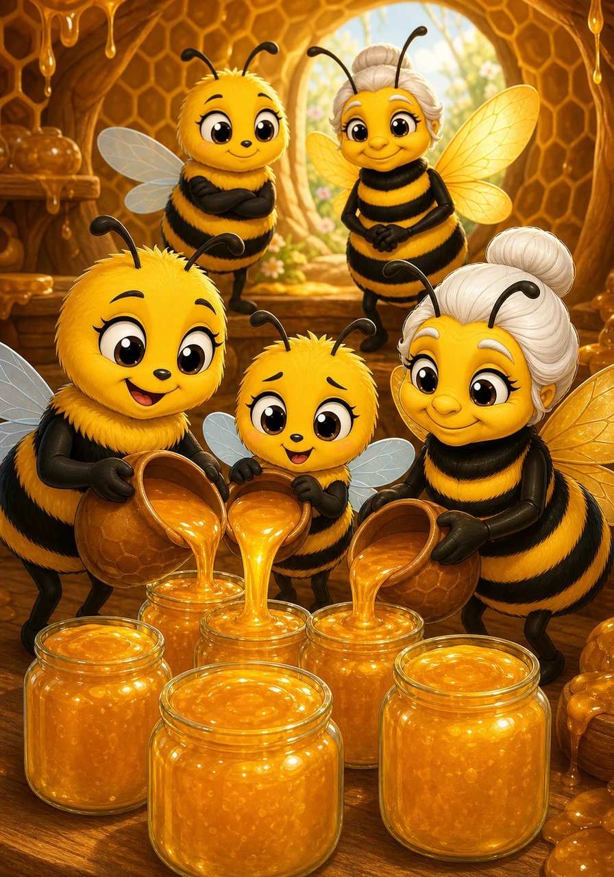 Through their daily practice, the young bees learned how much hard work and cooperation it takes to make precious golden honey. Rosinka discovered that working hand-in-wing with her friends made even the hardest tasks feel lighter and more rewarding. Together, they filled their honey jars to the brim.