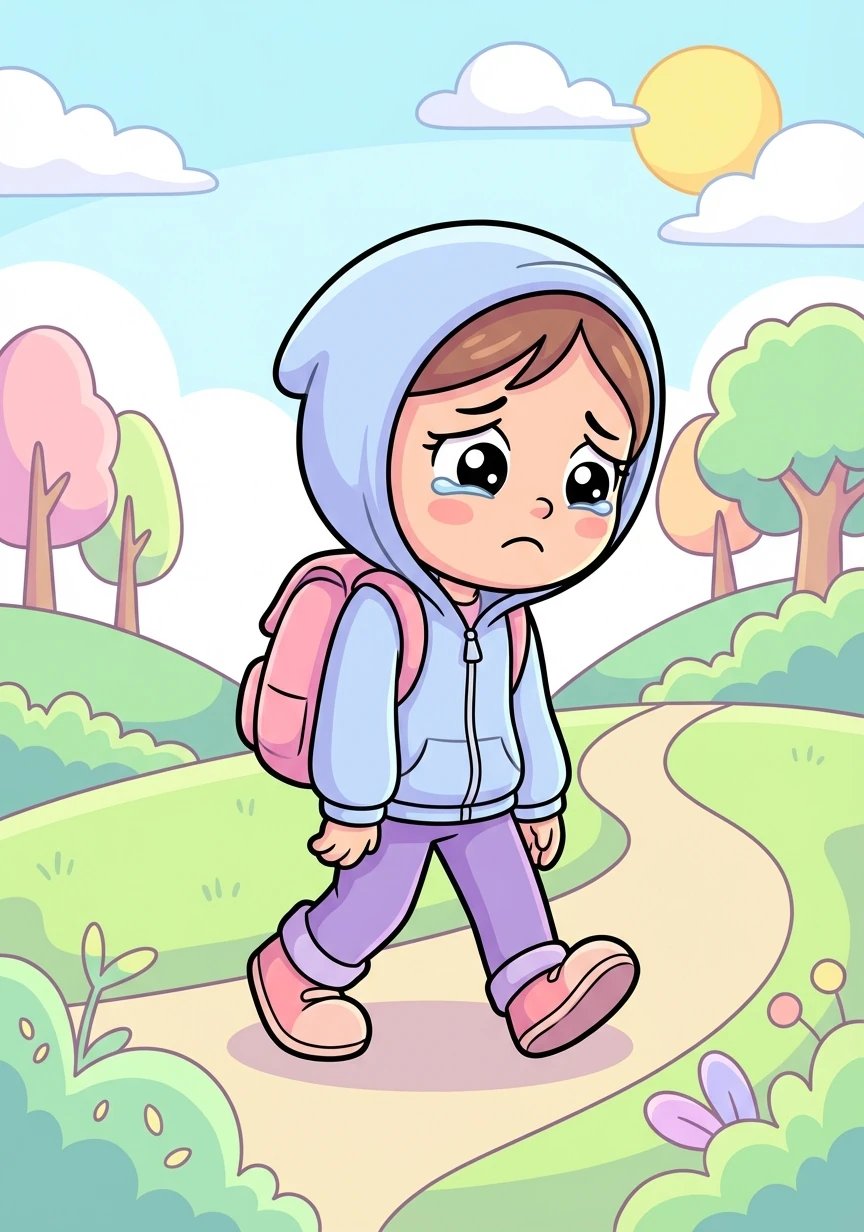 Sofia caminhava lentamente para a escola, arrastando os pés. Seu rosto estava triste, e seus olhos cheios de lágrimas. Ela não queria ir, as palavras maldosas dos outros a machucavam muito.