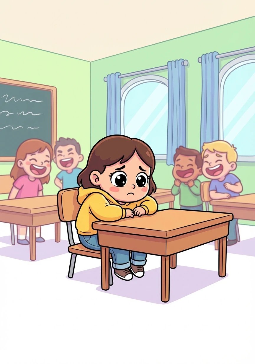 Na sala de aula, Sofia se sentava sozinha, tentando se esconder. As risadas e os olhares a faziam se sentir pequena e invisível. Ela desejava que o dia terminasse logo.
