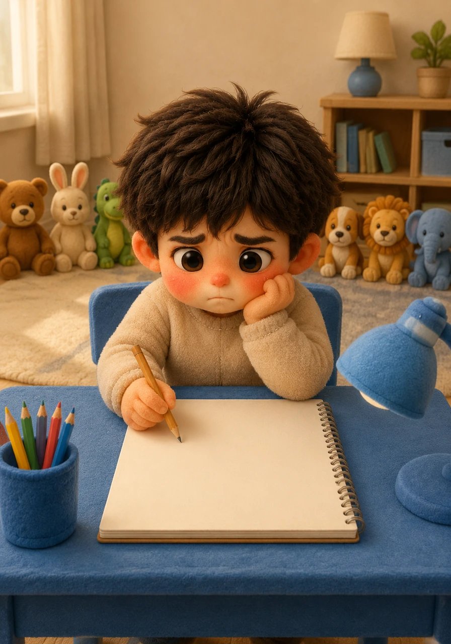 Julius sat at his bright blue desk with a brand new notebook and a freshly sharpened pencil. He loved when his drawings were neat and his toys were lined up perfectly. Today, he was determined to write his very first full sentence without making a single mistake.