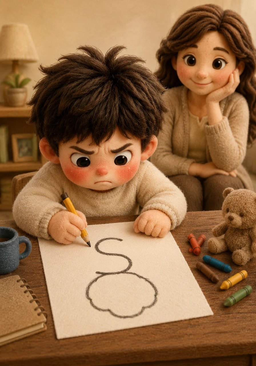 Carefully, Julius pressed his pencil to the paper to write the word 'SUPER'. But as he drew the letter 'S', his hand slipped, making the bottom loop look like a giant, bumpy balloon. Julius stared at the crooked letter, his cheeks turning bright red as a wave of frustration washed over him.