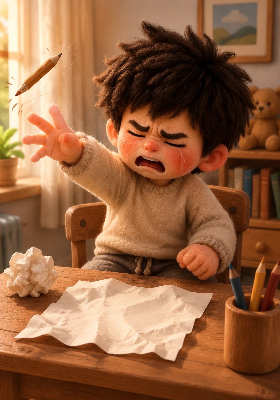 A hot tear rolled down his cheek, and he threw his pencil across the room in anger. He squeezed his eyes shut, wishing he could disappear because his page wasn't perfect anymore. His heart raced, and he felt like he wanted to give up on writing forever.