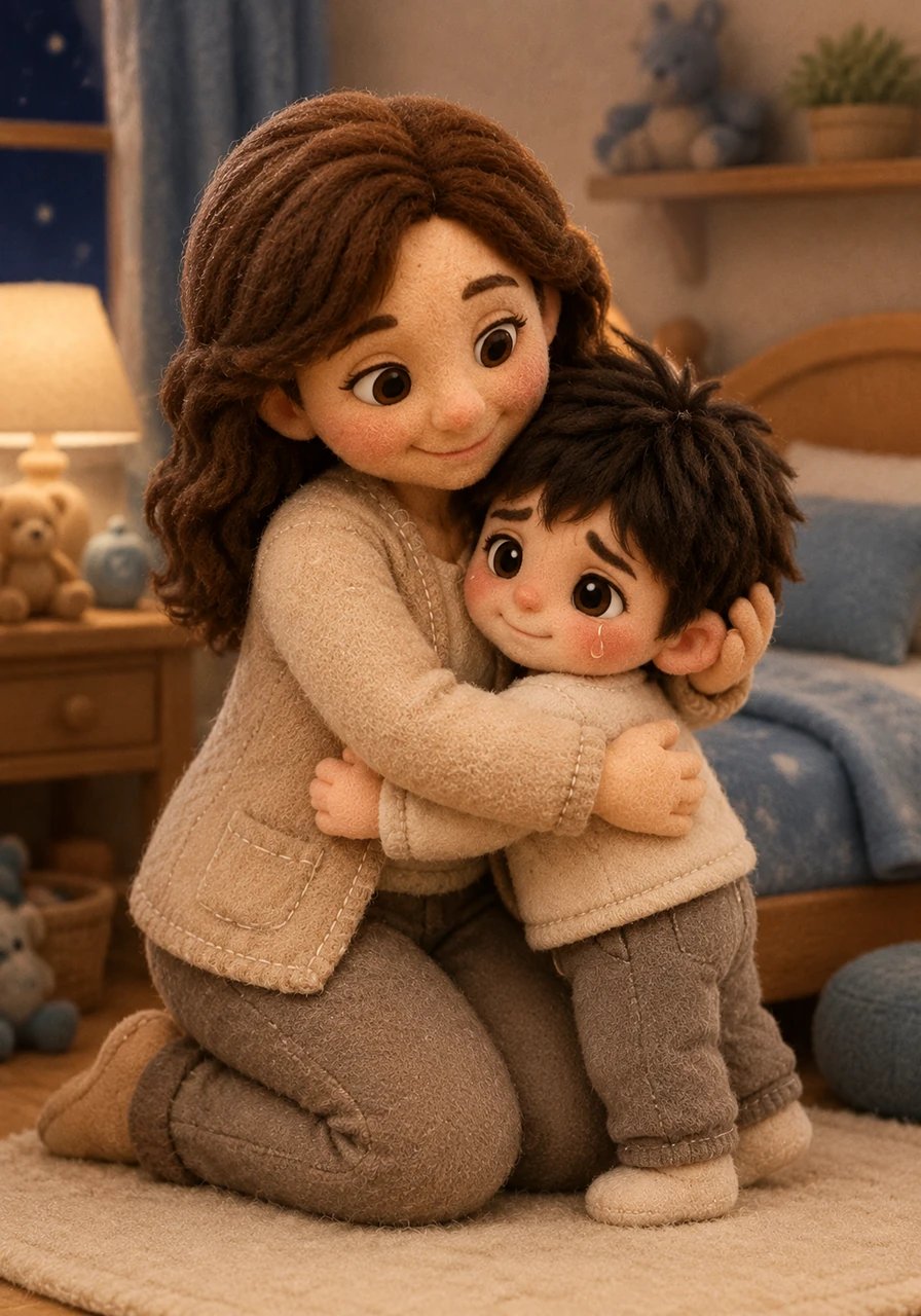 Julius's mother gently walked into the room, kneeling beside him and offering a warm, comforting hug. She explained that everyone feels upset when things don't go right, but taking a deep breath can help the stormy feelings pass. Together, they took three slow, deep breaths until Julius felt his heart slow down.