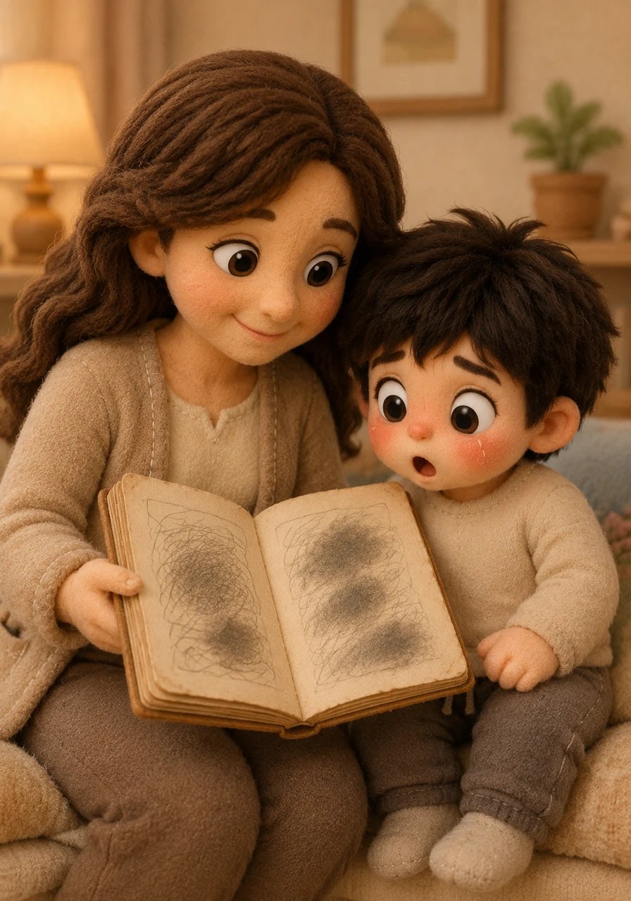 His mother smiled and showed him an old notebook of her own from when she was a little girl. Julius gasped as he saw messy scribbles, backwards letters, and big eraser smudges on every single page. She explained that even grown-ups started out making lots of mistakes, and that is exactly how they learned.
