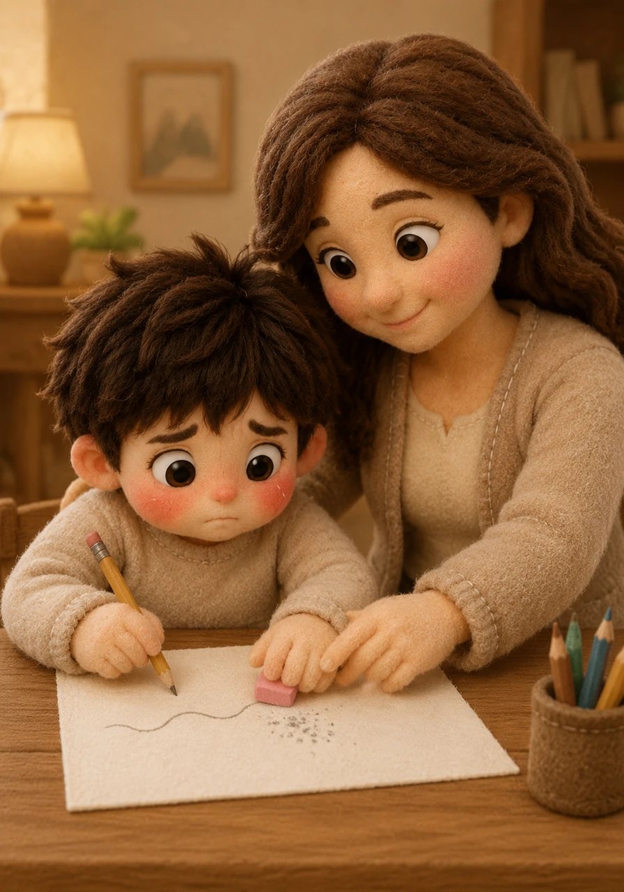 With a calmer heart, Julius picked up his pencil and looked at the bumpy 'S' again. His mother showed him a soft, pink eraser and explained that mistakes just show us where we can try again. Julius gently rubbed the eraser over the bumpy line, watching the mistake fade away into tiny gray crumbs.