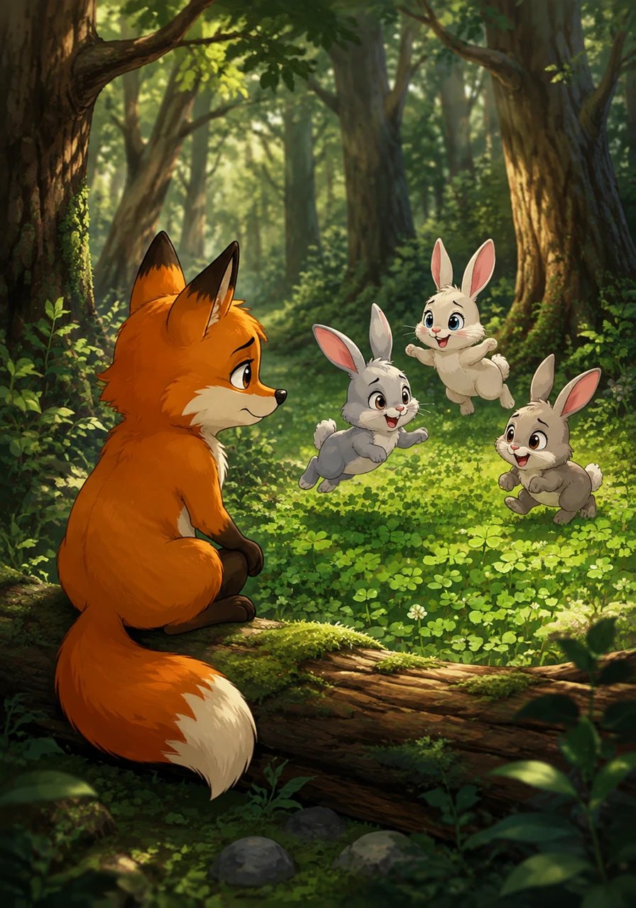 Deep in the Whispering Woods, Jasper the soft-spoken orange fox sat on a mossy log, watching three fluffy rabbit siblings giggle and leap around a patch of clover. Jasper longed to join their cheerful game, but his bushy red tail and big ears always made the little bunnies hurry away in fear.