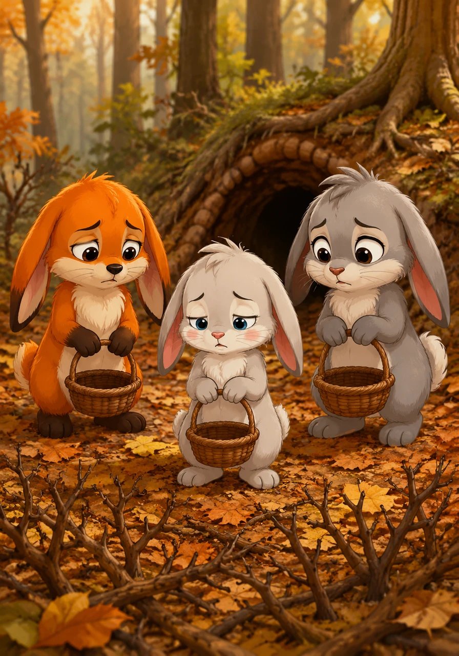 The three rabbit siblings, Pip, Clover, and Barnaby, were searching the forest floor for sweet golden berries to bake their famous autumn pie. However, all the bushes near their cozy burrow were completely picked clean, leaving their small woven baskets empty and their long ears drooping in disappointment.