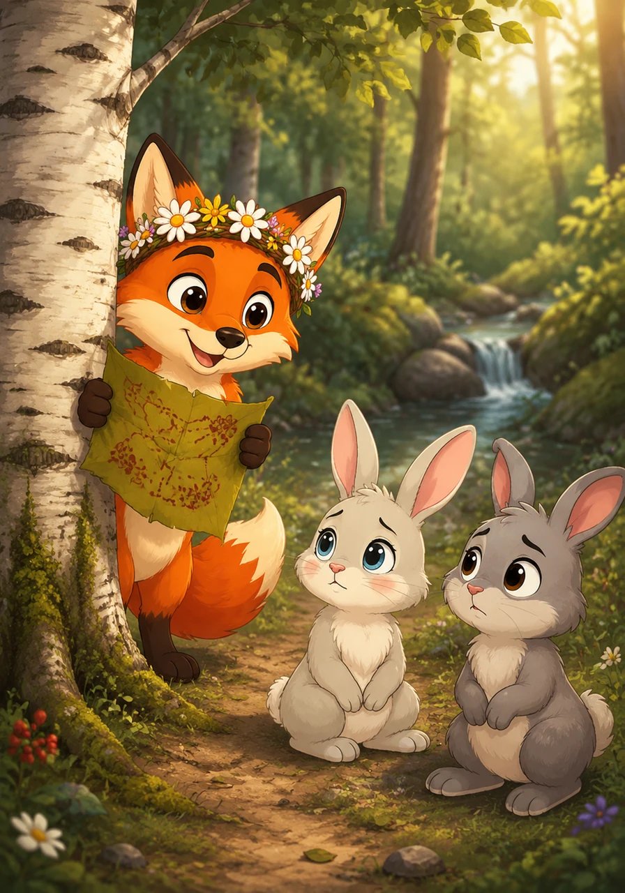Seeing their sad faces, Jasper remembered a secret valley past Silver Creek where lush golden berry bushes grew in rich abundance. He gently stepped out from behind a tall birch tree, holding up a leaf map he had carefully drawn with berry juice.