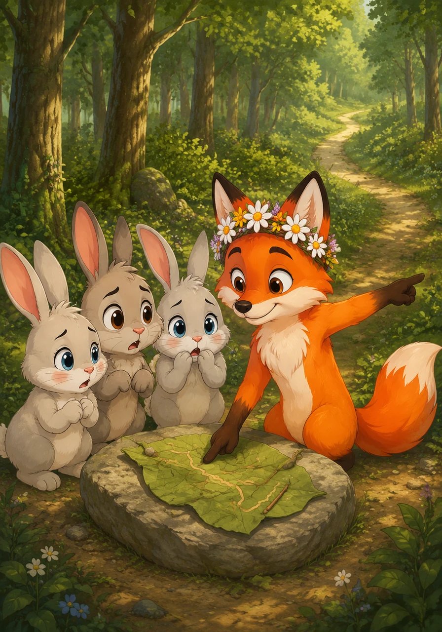 The three rabbits gasped and huddled together with wide, timid eyes as Jasper approached. Keeping a respectful distance, the gentle fox softly set the leaf map upon a flat stone and pointed toward the eastern trail with a friendly, reassuring smile.
