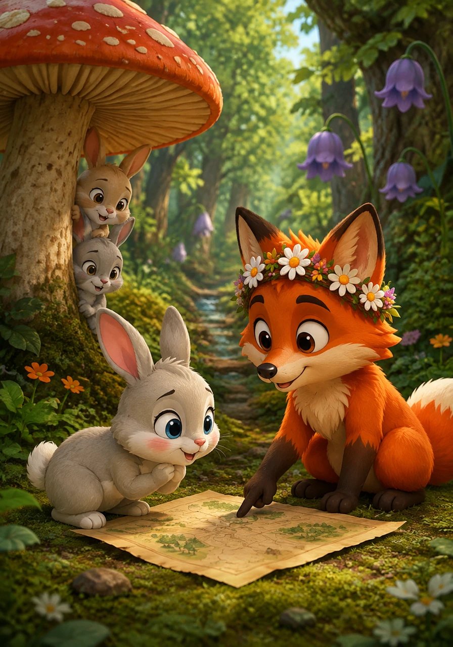 Pip, the bravest of the three bunnies, cautiously tiptoed forward to examine the detailed map while Clover and Barnaby peeked from behind a tall mushroom. Realizing that the kind fox was trying to help them, Pip wiggled his pink nose and gave Jasper a polite nod of gratitude.