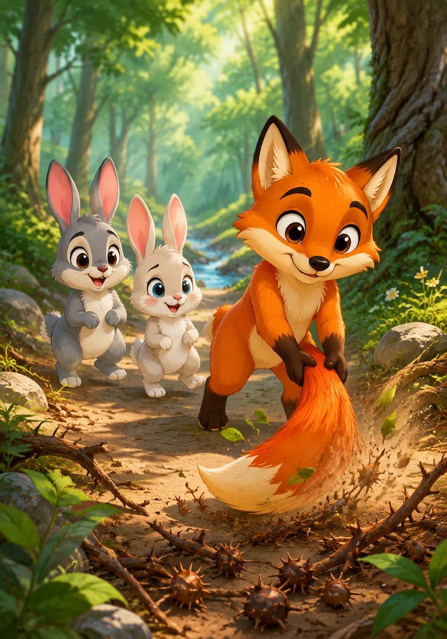 Together, the unlikely group set off through the sun-dappled woodland path toward Silver Creek. Jasper used his bushy tail to clear away sharp thorns and fallen twigs, creating a safe, smooth walkway for the small rabbits' delicate paws.