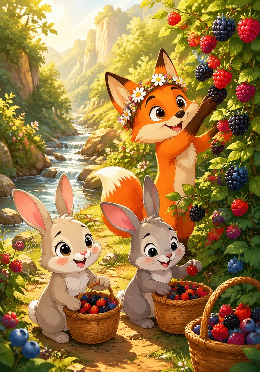 On the other side of the creek, they discovered the hidden valley bathed in warm golden sunlight and bursting with juicy, ripe berries. The bunnies cheered with joy, filling their woven baskets to the top while Jasper stretched up high to reach the sweetest clusters on the upper branches.