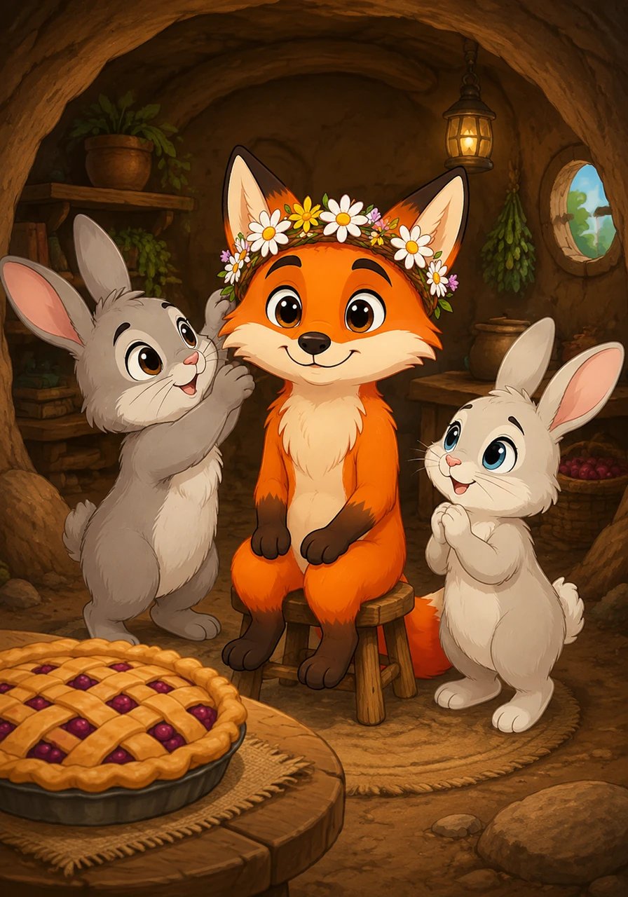 Back at the rabbits' warm burrow, the sweet scent of freshly baked golden berry pie filled the air. Jasper sat comfortably on a wooden stool, wearing a crown of wild daisies woven by the rabbit siblings as a special token of appreciation.