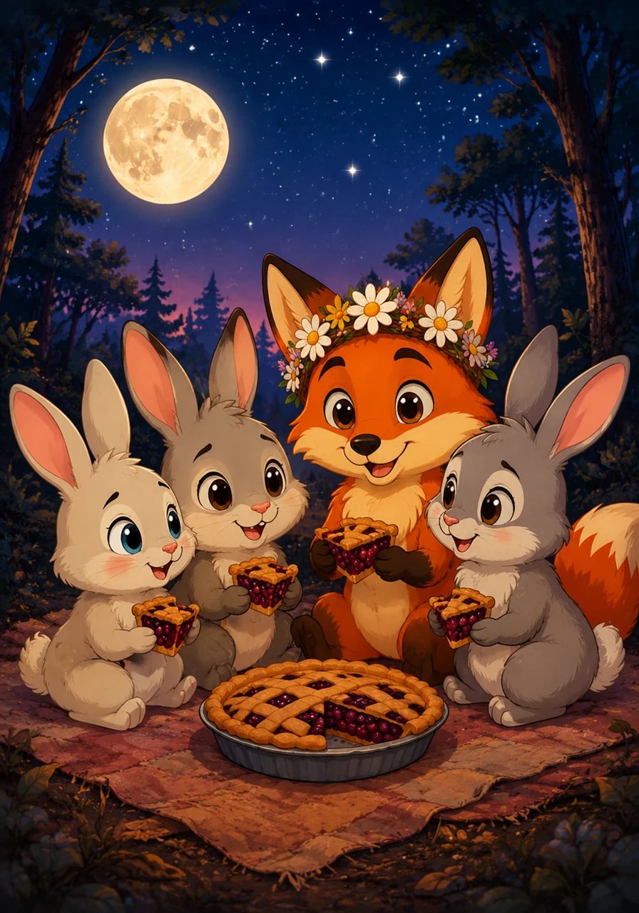 As dusk settled over the forest, Jasper and his three new friends sat under a blanket of sparkling stars, sharing thick, warm slices of berry pie. Under the soft glow of the moon, the fox and the rabbits knew they would be lifelong friends.