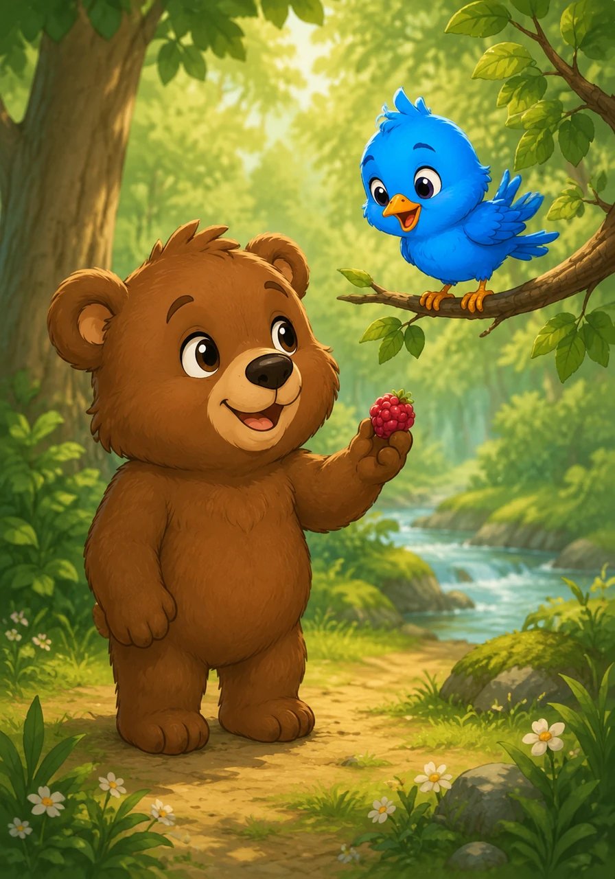 Suddenly, a tiny blue bird named Pip landed on a low branch nearby, chirping a cheerful melody that echoed through the trees. Leo smiled warmly and offered Pip a piece of his sweet, freshly picked berry.