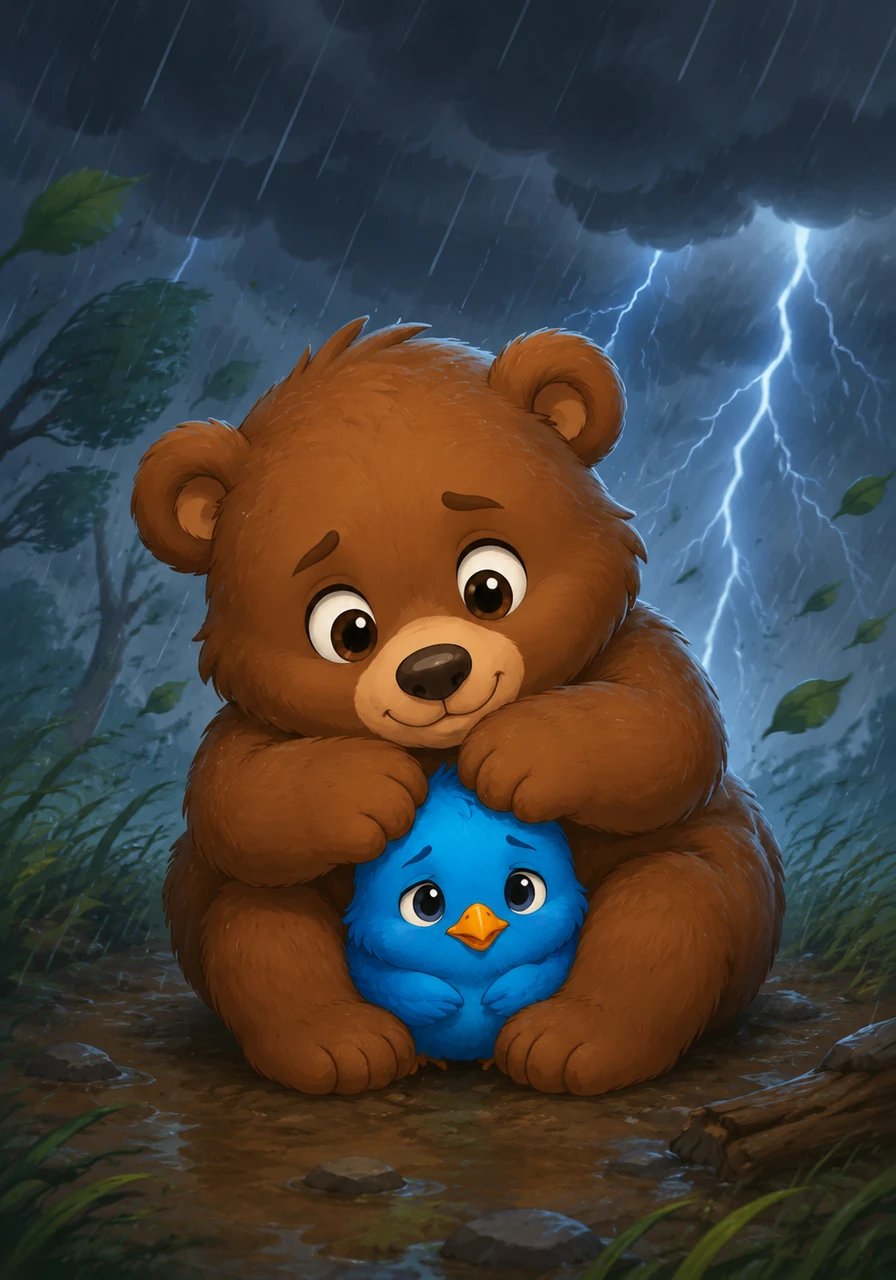 One chilly afternoon, a sudden storm rolled in, bringing dark clouds and howling winds. Leo quickly sheltered Pip beneath his thick, warm paws, keeping his small, shivering friend completely safe from the cold rain.