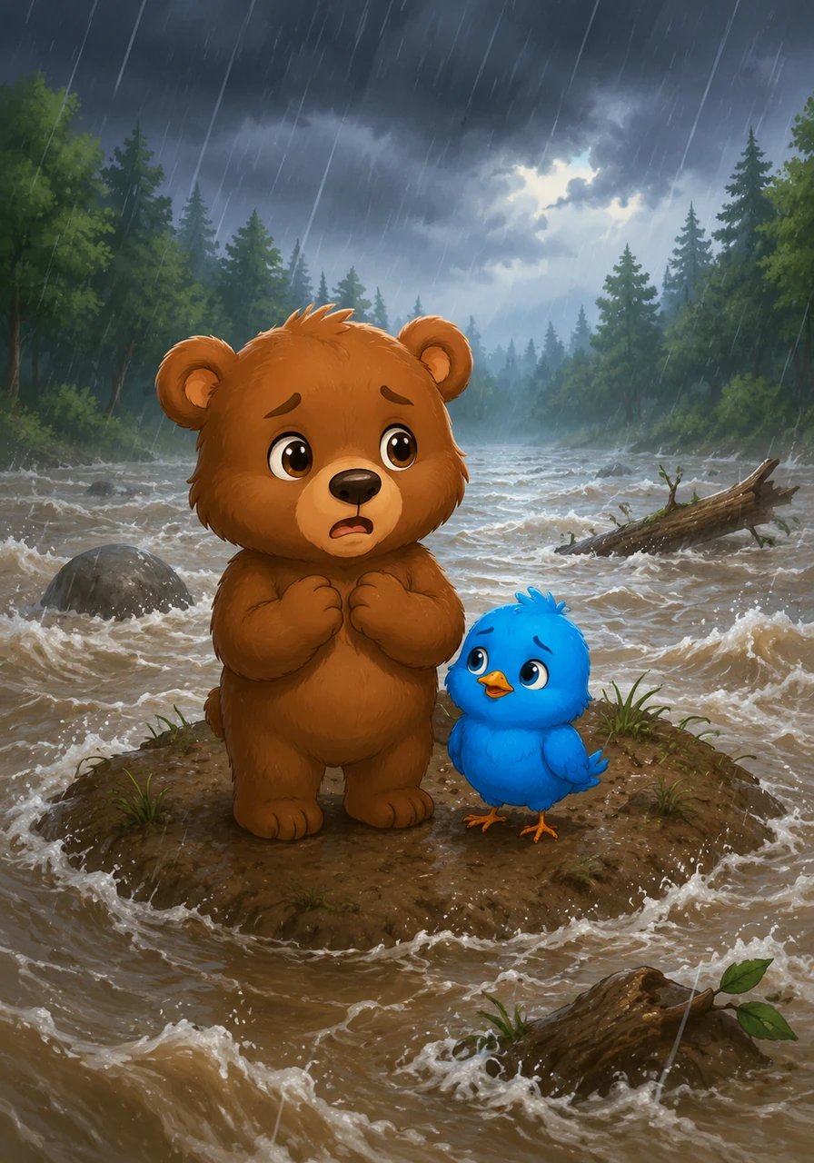 When the storm finally passed, the forest floor was flooded, and Leo found himself trapped on a small muddy island. The rushing river water was too deep for the little bear to cross alone, and he began to feel scared.