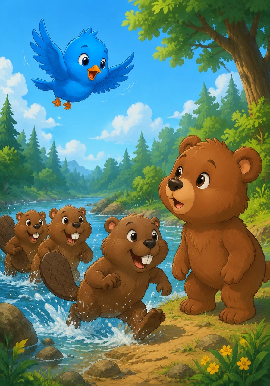 Pip soared high into the sky, chirping loudly to gather the other forest animals for help. A group of clever beavers heard the little bird's urgent calls and rushed down to the riverbank to see what was wrong.